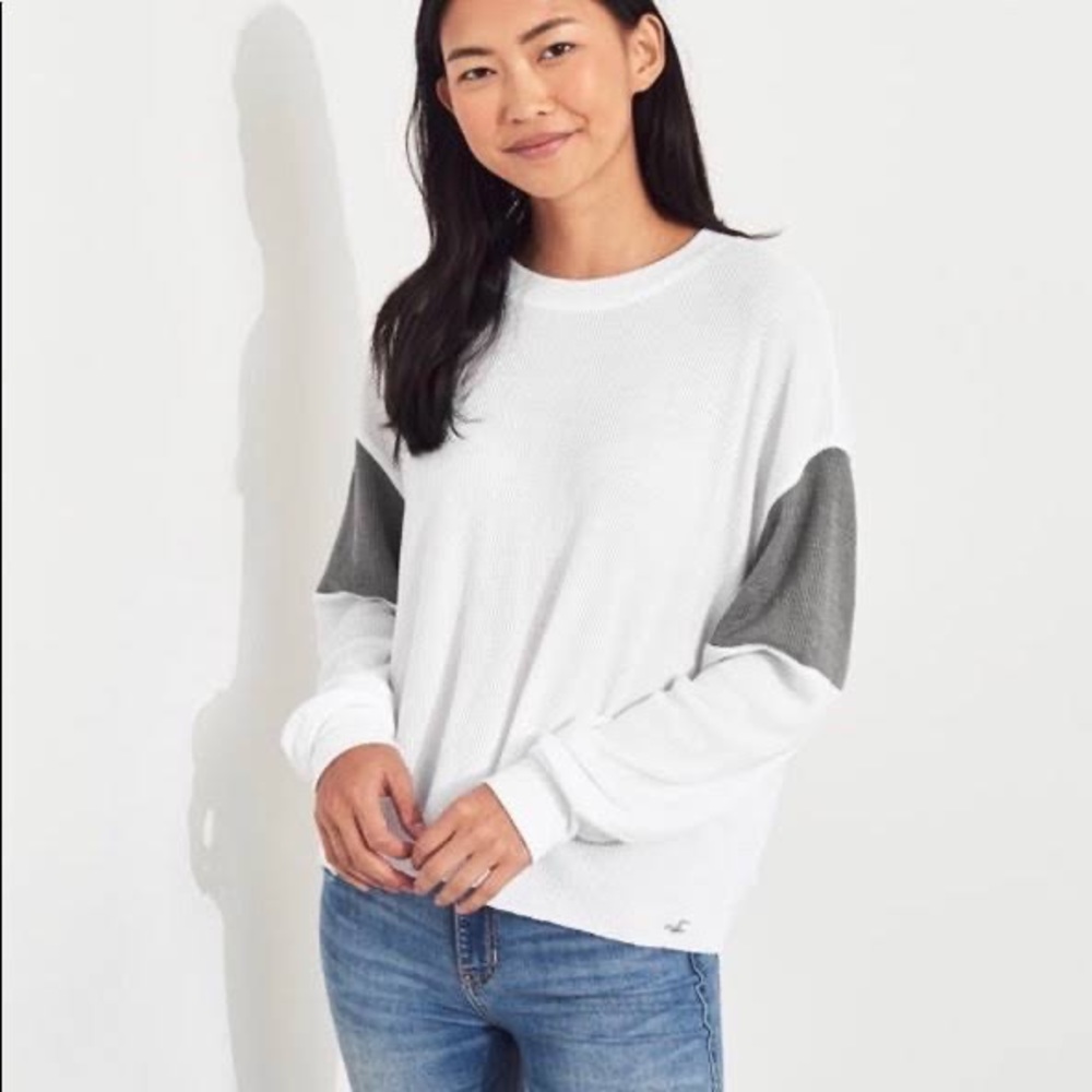 Hollister Grey and White Boyfriend Shirt